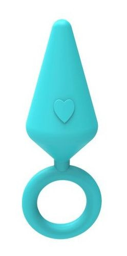 Бирюзовая конусовидная анальная пробка с колечком-ограничителем - 5 см.
