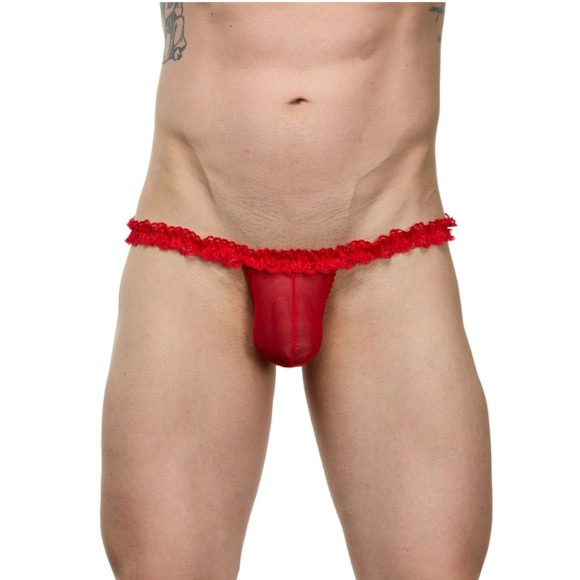 Мужские красные трусы-тонги на кружевном поясе Мужские красные трусы-тонги на кружевном поясе