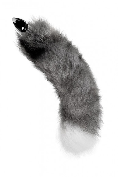 Серебристая металлическая анальная втулка с серым лисьим хвостом