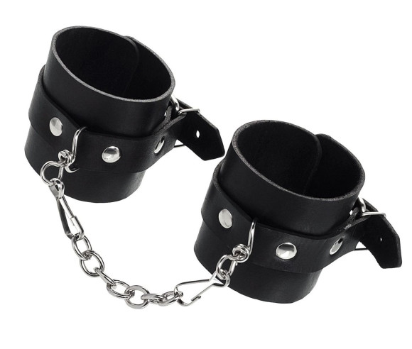 Черные однослойные наручники из натуральной кожи с цепочкой Черные однослойные наручники из натуральной кожи с цепочкой