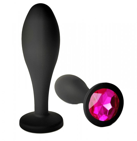 Черная анальная пробка с розовым кристаллом - 7,7 см.