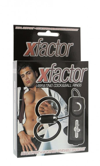 Чёрное эрекционное кольцо с подхватом мошонки и вибрацией X-FACTOR VIBRATING COCK & BALL RINGS