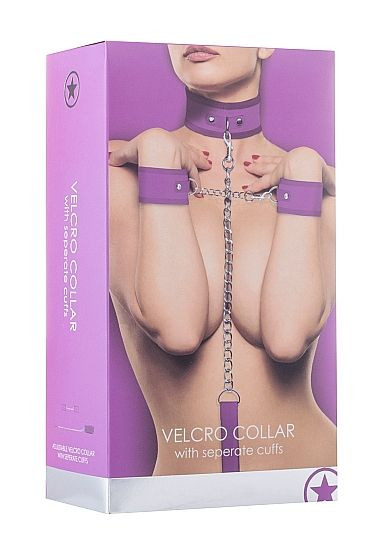 Фиолетовый ошейник с поводком и наручниками Velcro Collar With Seperate Cuffs