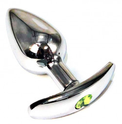 Серебристая анальная пробка для ношения с салатовым кристаллом - 6 см.