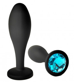 Черная анальная пробка с голубым кристаллом - 7,7 см.
