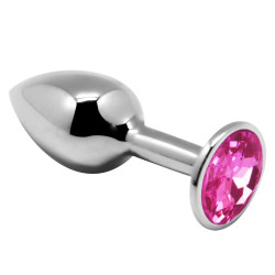 Серебристая анальная втулка с розовым кристаллом Mini Metal Butt L - 9 см.