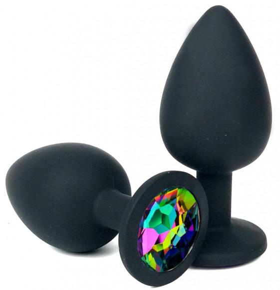 Черная силиконовая анальная пробка с разноцветным стразом - 9,5 см.