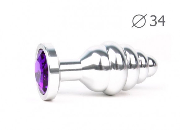 Коническая ребристая серебристая анальная втулка с фиолетовым кристаллом - 8 см. Коническая ребристая серебристая анальная втулка с фиолетовым кристаллом - 8 см.