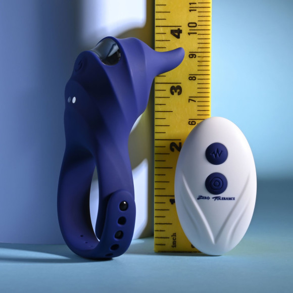 Синее эрекционное виброкольцо с клиторальной подушечкой и пультом ДУ Adjustable Fun Ring