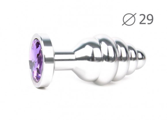 Коническая ребристая серебристая анальная втулка с сиреневым кристаллом - 7,1 см. Коническая ребристая серебристая анальная втулка с сиреневым кристаллом - 7,1 см.