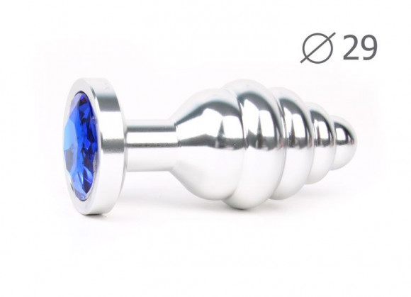 Коническая ребристая серебристая анальная втулка с синим кристаллом - 7,1 см. Коническая ребристая серебристая анальная втулка с синим кристаллом - 7,1 см.