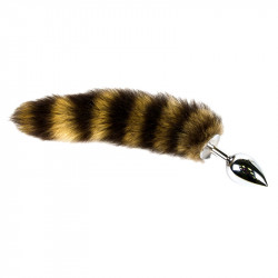 Большая серебристая анальная пробка с полосатым хвостом Большая серебристая анальная пробка с полосатым хвостом