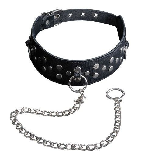Чёрный кожаный ошейник с карабином и поводком Чёрный кожаный ошейник с карабином и поводком