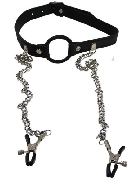 Черный кляп-кольцо с серебристым зажимами для сосков Черный кляп-кольцо с серебристым зажимами для сосков