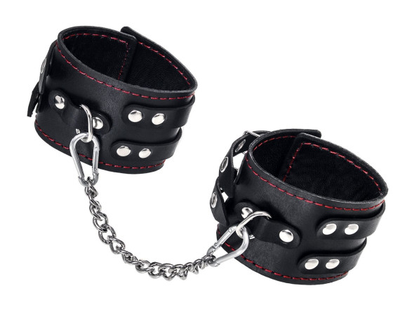 Черные кожаные оковы с двумя ремнями и контрастной строчкой Черные кожаные оковы с двумя ремнями и контрастной строчкой