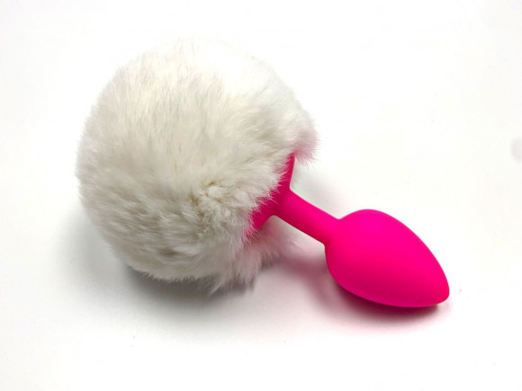 Розовая анальная пробка размера S с пушистым белым хвостиком зайки Розовая анальная пробка размера S с пушистым белым хвостиком зайки