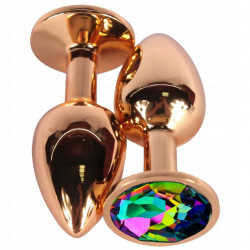 Золотистая гладкая анальная пробка с разноцветным кристаллом - 9,5 см.