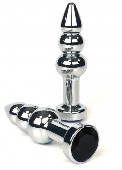 Серебристая анальная пробка-ёлочка Vandersex с черным кристаллом - 11 см.