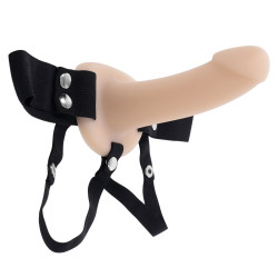 Телесный полый страпон с черными эластичными ремешками Our First Hollow Strap On