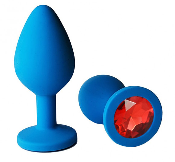 Голубая анальная пробка с красным кристаллом - 7 см.