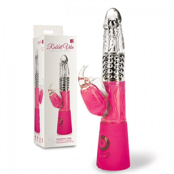 Розовый вибромассажер  с клиторальным стимулятором Rabbit Vibe Circle of Light Powerful - 26 см.