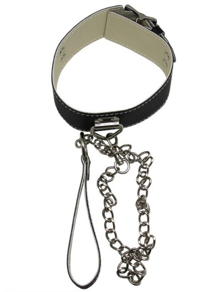 Черный ошейник с металлическим поводком с ручкой Черный ошейник с металлическим поводком с ручкой