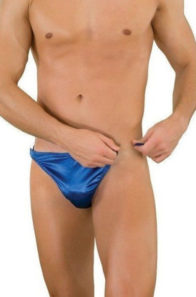 Синие трусы-тонги с застежкой сбоку и сатиновым блеском Синие трусы-тонги с застежкой сбоку и сатиновым блеском