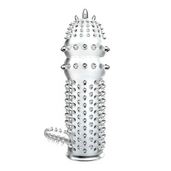 Прозрачная насадка на пенис с шипами и стимулятором клитора - 12,8 см. Прозрачная насадка на пенис с шипами и стимулятором клитора - 12,8 см.