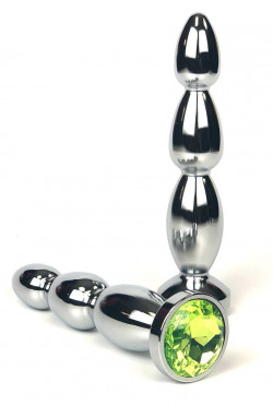 Серебристая анальная пробка-ёлочка с салатовым кристаллом - 13 см.