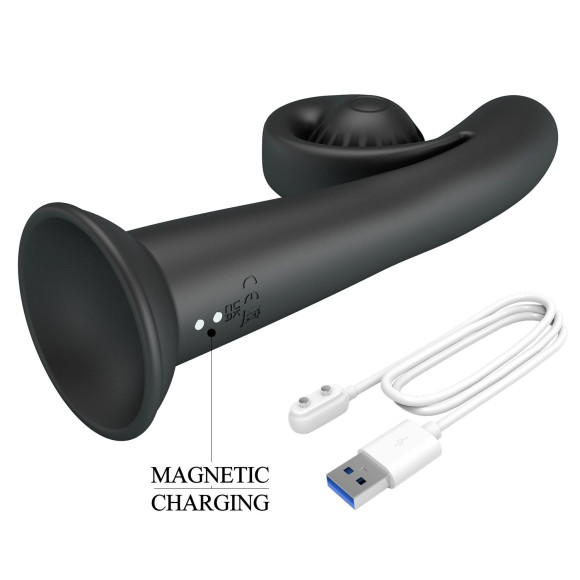 Черный вибратор на присоске с закрученным клиторальным отростком - 20 см. Черный вибратор на присоске с закрученным клиторальным отростком - 20 см.