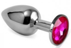 Серебристая гладкая анальная пробка с розовым кристаллом - 9,5 см.