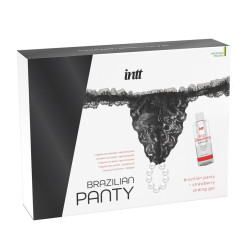 Набор Brazilian Panty: черные трусики со стимулирующими бусинами и массажный гель Sliding Gel Strawberry