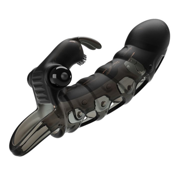 Черная закрытая насадка с подхватом мошонки и стимулятором клитора - 19,2 см. Черная закрытая насадка с подхватом мошонки и стимулятором клитора - 19,2 см.