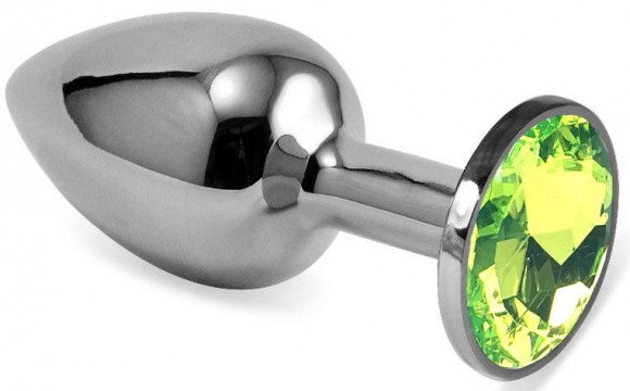 Серебристая гладкая анальная пробка с салатовым кристаллом - 5,5 см.