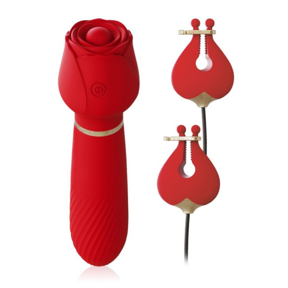 Красный вибромассажёр с зажимами для сосков - 16 см. Красный вибромассажёр с зажимами для сосков - 16 см.
