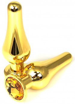 Золотистая удлиненная анальная пробка с оранжевым кристаллом - 10 см.