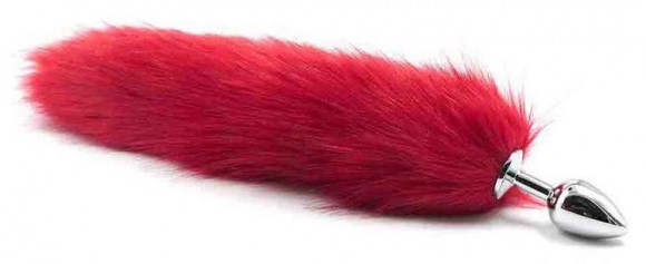 Серебристая анальная пробка с длинным красным хвостиком