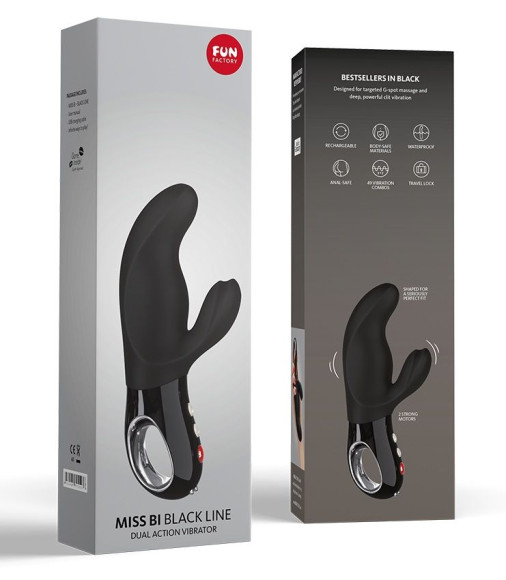 Чёрный вибратор с клиторальным отростком MiSS Bi Black Line - 17 см. Чёрный вибратор с клиторальным отростком MiSS Bi Black Line - 17 см.