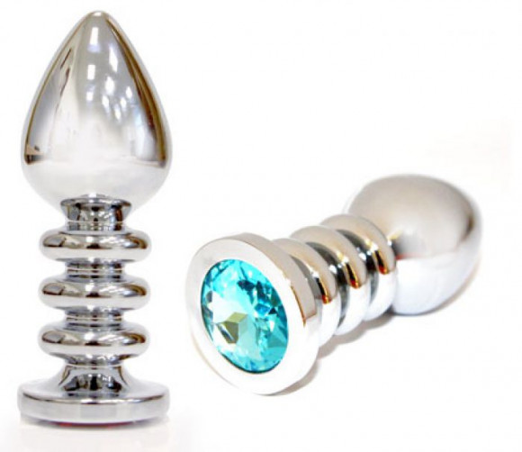 Большая серебристая анальная пробка с голубым кристаллом - 10 см.