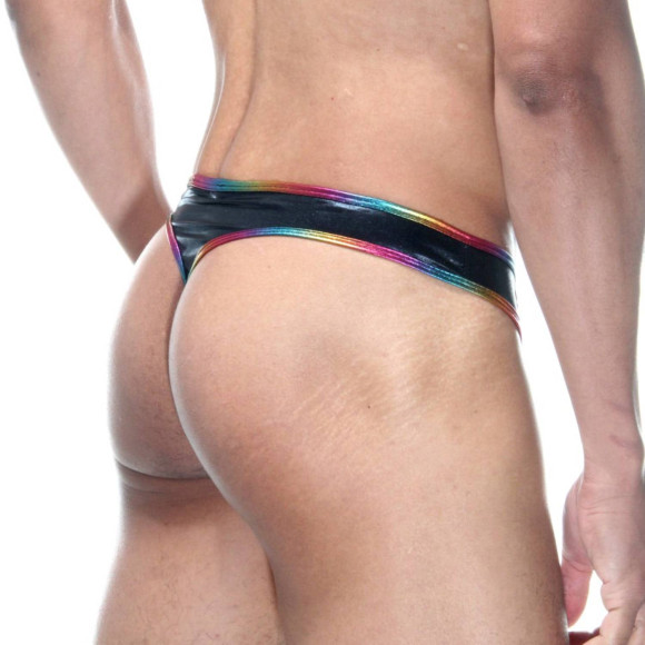 Черные трусы-тонги с блестящей радужной отделкой Черные трусы-тонги с блестящей радужной отделкой